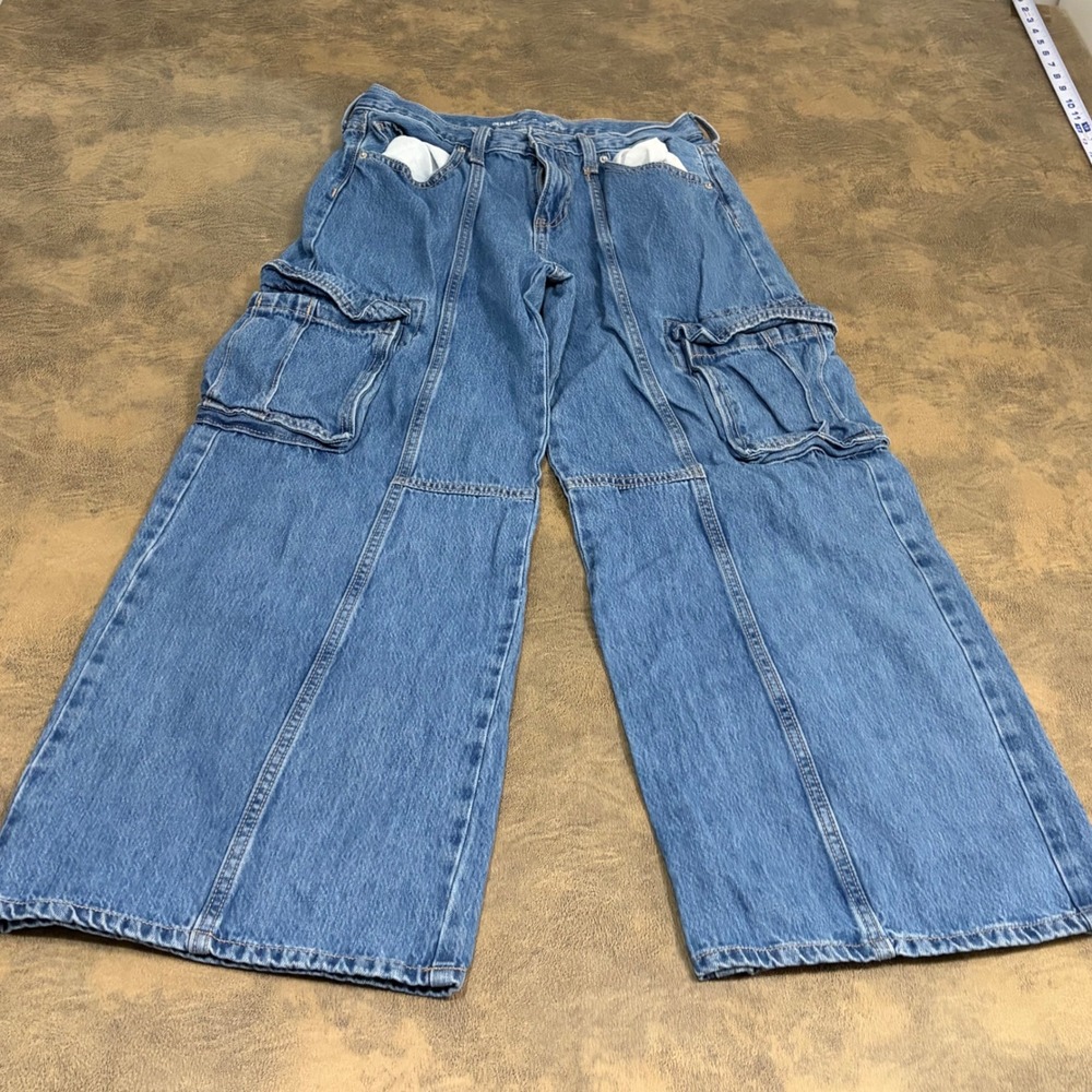 Old Navy Cargo Jeans Womens 16 Blue Super Baggy Wide Leg High Rise Denim 1166